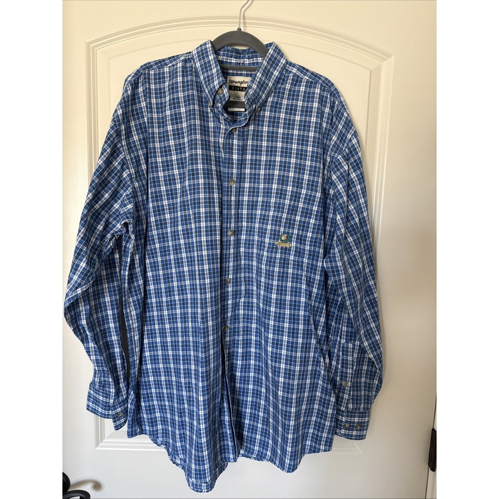 Wrangler Riata Men's Large Blue White Plaid Button Down Western Shirt L 0152
